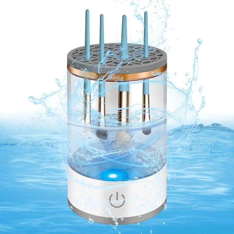 Nettoyeur de pinceaux de maquillage électrique portable 3 en 1 avec prise USB et brosses en caoutchouc pour un nettoyage en profondeur et une utilisation simplifiée.