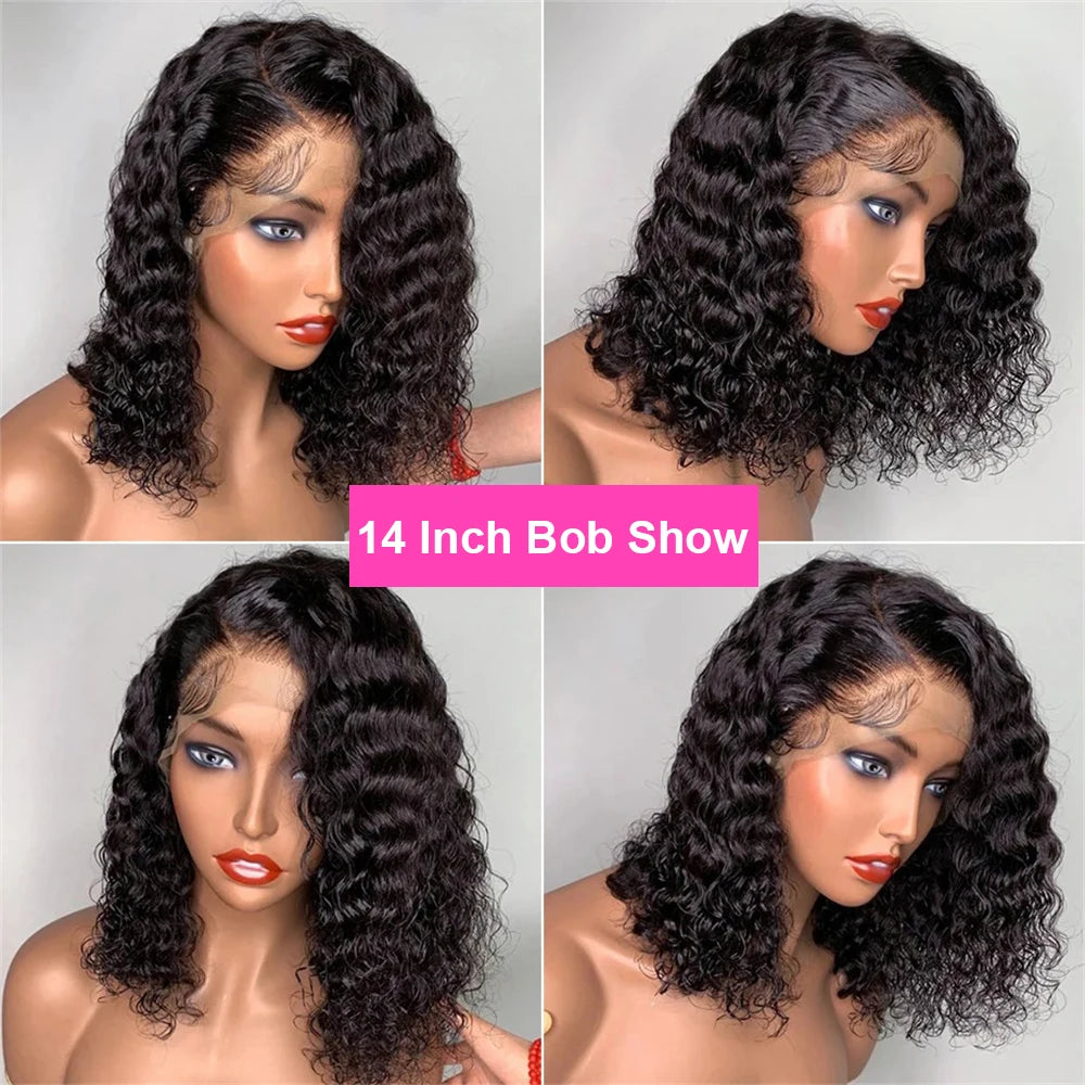 Bob court brésilien 100% cheveux humains, lace frontale 13x4, ondulations profondes, perruque bouclée avec fermeture en dentelle 4x4 pour femmes