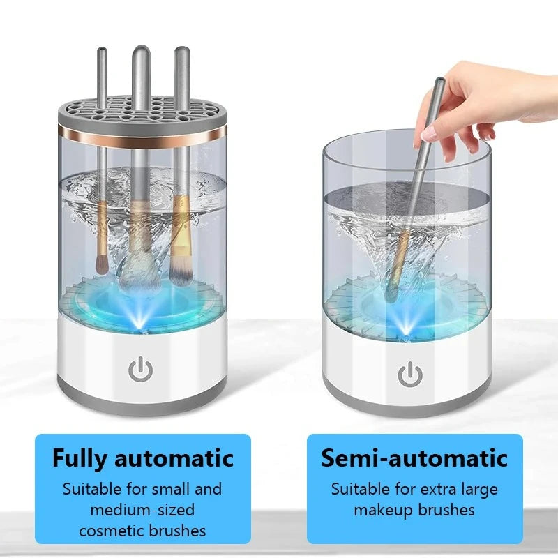 Nettoyeur de pinceaux de maquillage électrique portable 3 en 1 avec prise USB et brosses en caoutchouc pour un nettoyage en profondeur et une utilisation simplifiée.