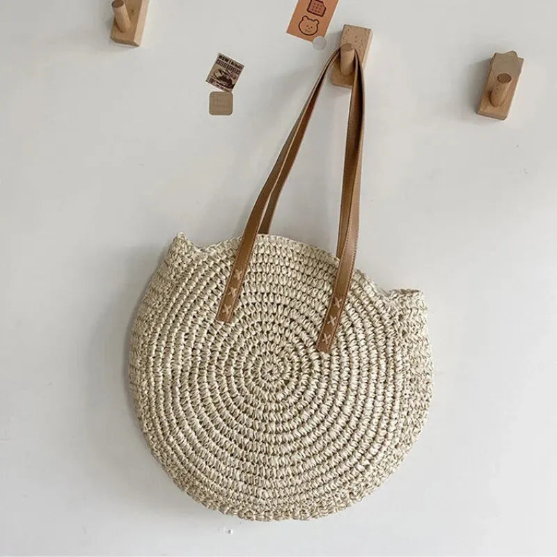 Sac cabas rond d'été en paille tressée pour femme, grande capacité, ajouré, style simple.