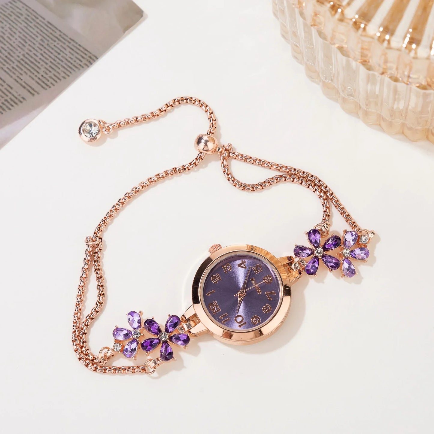 Montre de luxe pour femme, bracelet en or fin, montre-bracelet pour dame, montre femme exquise avec cristal violet
