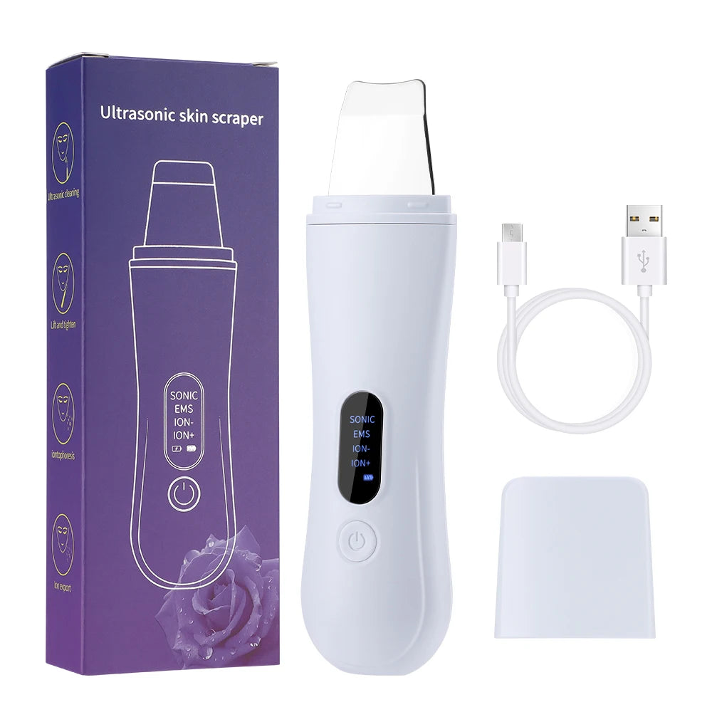Appareil de nettoyage ultrasonique pour le visage, spatule ionique, nettoyage en profondeur, 4 modes, lifting facial, exfoliation.
