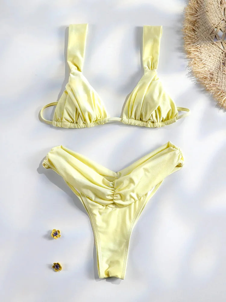 Ensemble bikini sexy à plis, micro bikini uni, maillot de bain femme triangle, tenue de plage