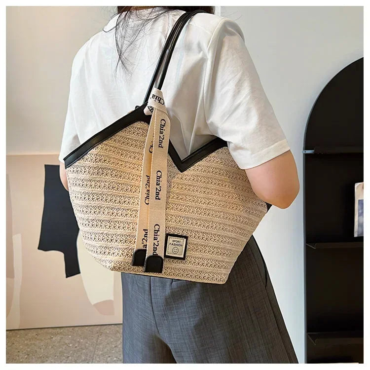 Sac bandoulière grande capacité pour femme, sac à main d'été en paille tressée, sac de plage de luxe, cabas style balinais