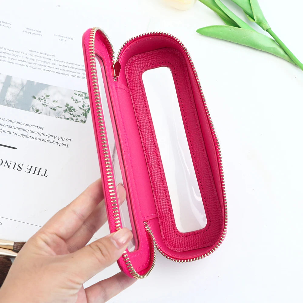 Boîte à pinceaux de maquillage transparente en cuir PU personnalisée avec nom