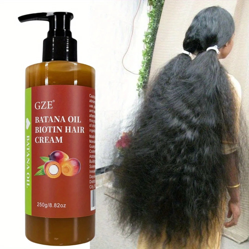 Crème capillaire à l'huile de batana et à la biotine GZE : fortifie les cheveux, répare les pointes fourchues et apporte de la douceur aux cheveux secs.