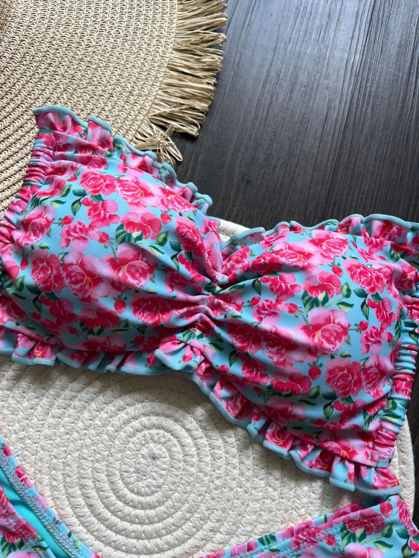 Bikini sexy à imprimé floral et volants pour femme, maillot de bain deux pièces, ensemble bikini, maillot de bain