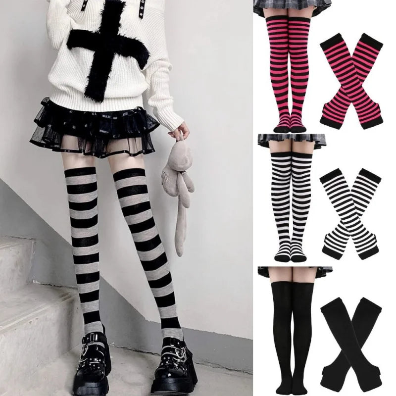 Chaussettes hautes rayées noires et blanches, chaussettes montantes sexy et fines en coton, chaussettes de cosplay