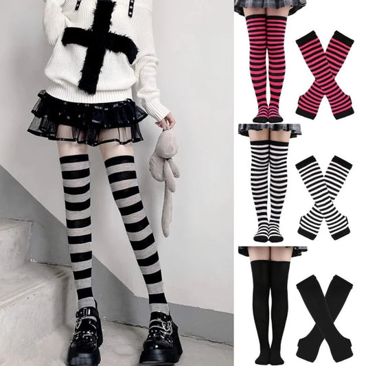 Chaussettes hautes rayées noires et blanches, chaussettes montantes sexy et fines en coton, chaussettes de cosplay