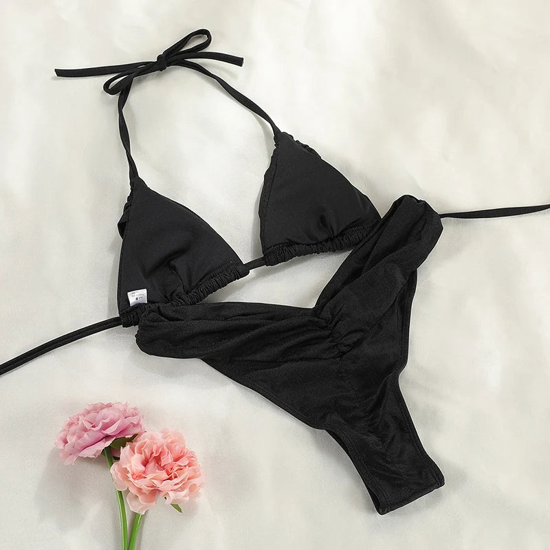 Ensemble bikini sexy à plis, micro bikini uni, maillot de bain femme triangle, tenue de plage