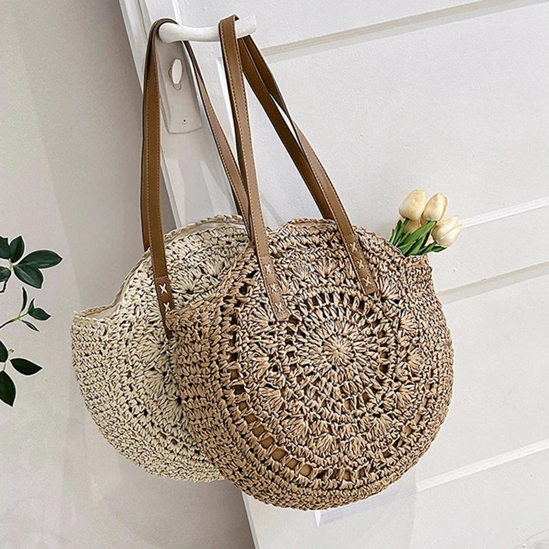 Sac cabas rond d'été en paille tressée pour femme, grande capacité, ajouré, style simple.