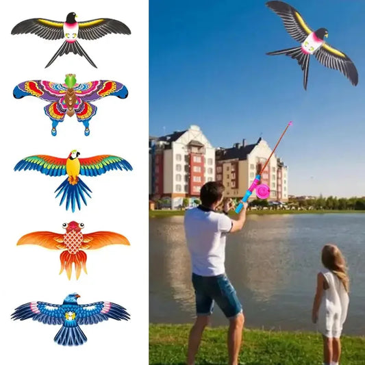 Cerf-volant pour enfants, jouet aigle de dessin animé, mini cerf-volant pliable en plastique, frein à main, canne à pêche, papillons, jouet d'extérieur pour enfants.