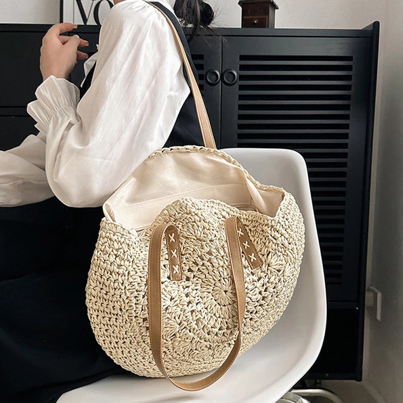 Sac cabas rond d'été en paille tressée pour femme, grande capacité, ajouré, style simple.