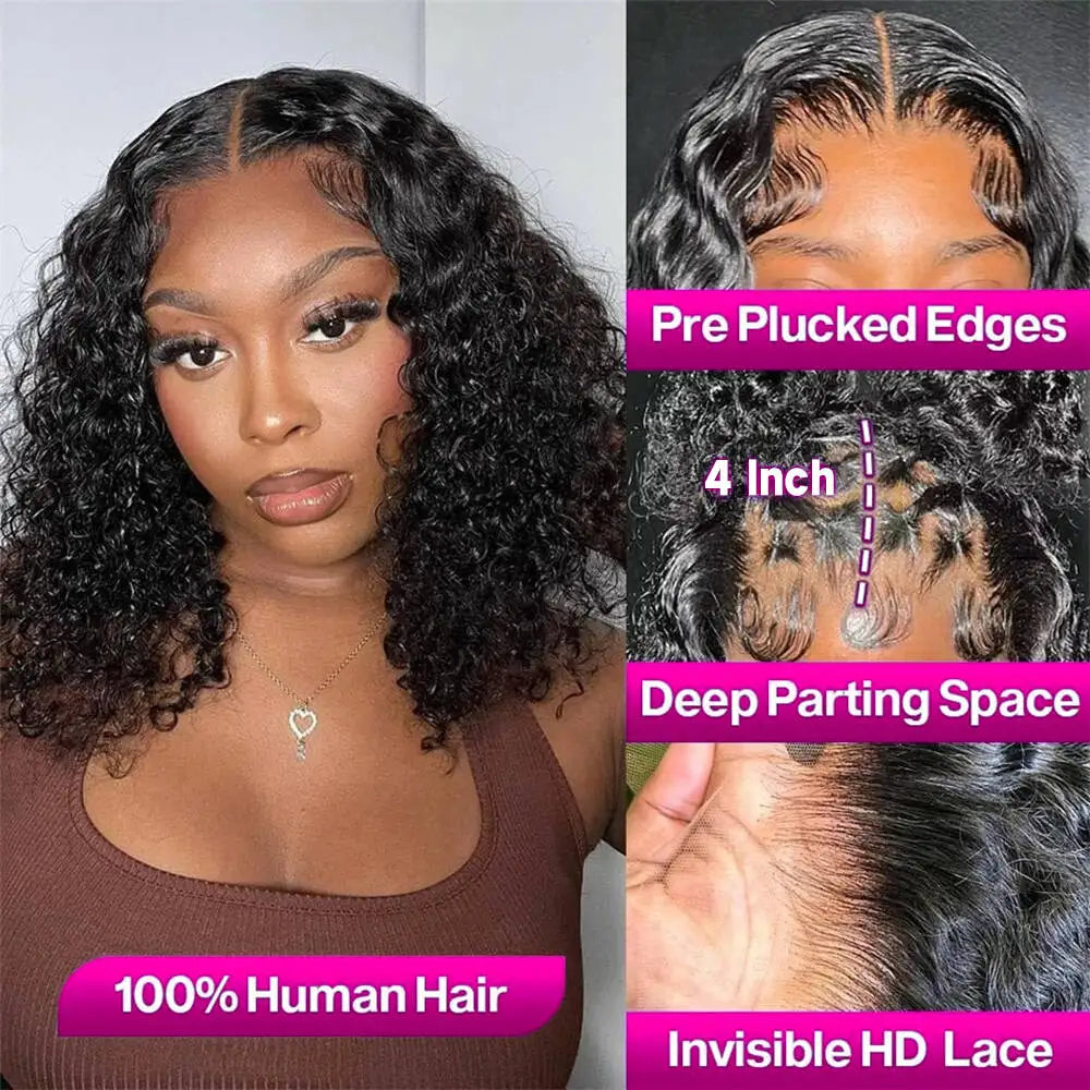 Bob court brésilien 100% cheveux humains, lace frontale 13x4, ondulations profondes, perruque bouclée avec fermeture en dentelle 4x4 pour femmes