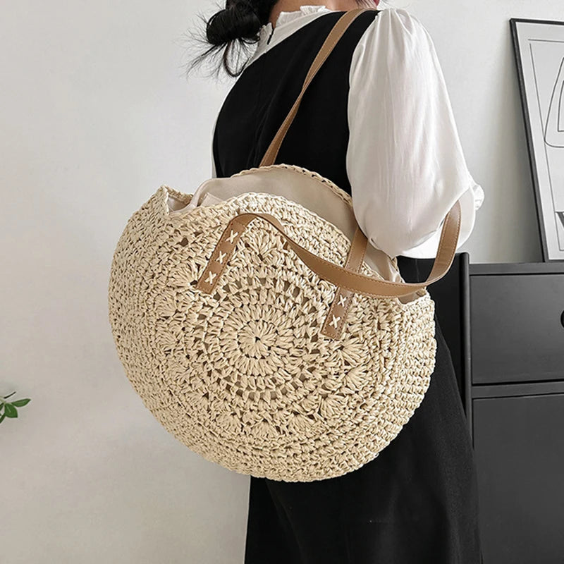 Sac cabas rond d'été en paille tressée pour femme, grande capacité, ajouré, style simple.