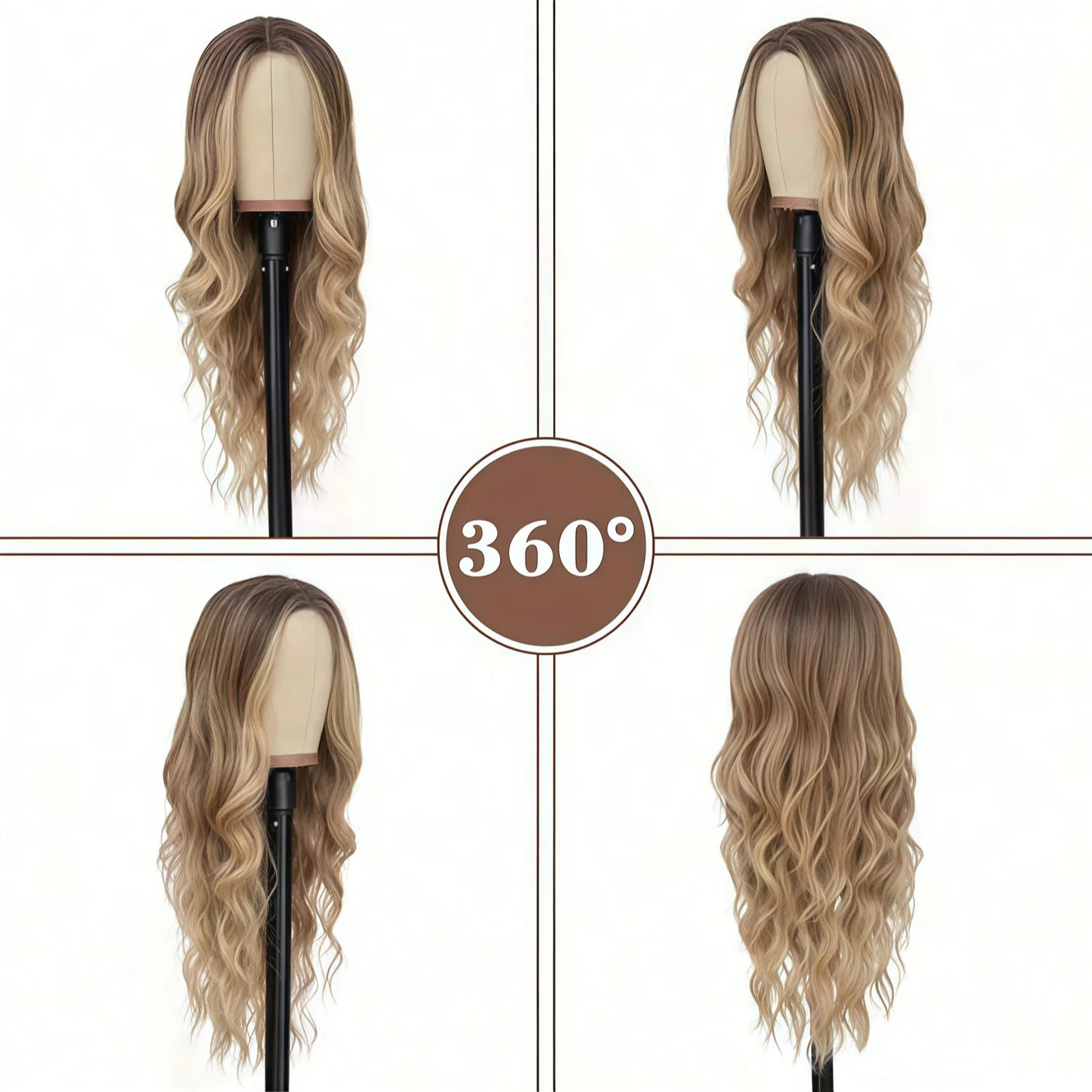 Perruque tendance marron doré dégradé brillant - 66 cm de long, ondulée et souple, en fibre synthétique résistante à la chaleur, collection Carnival