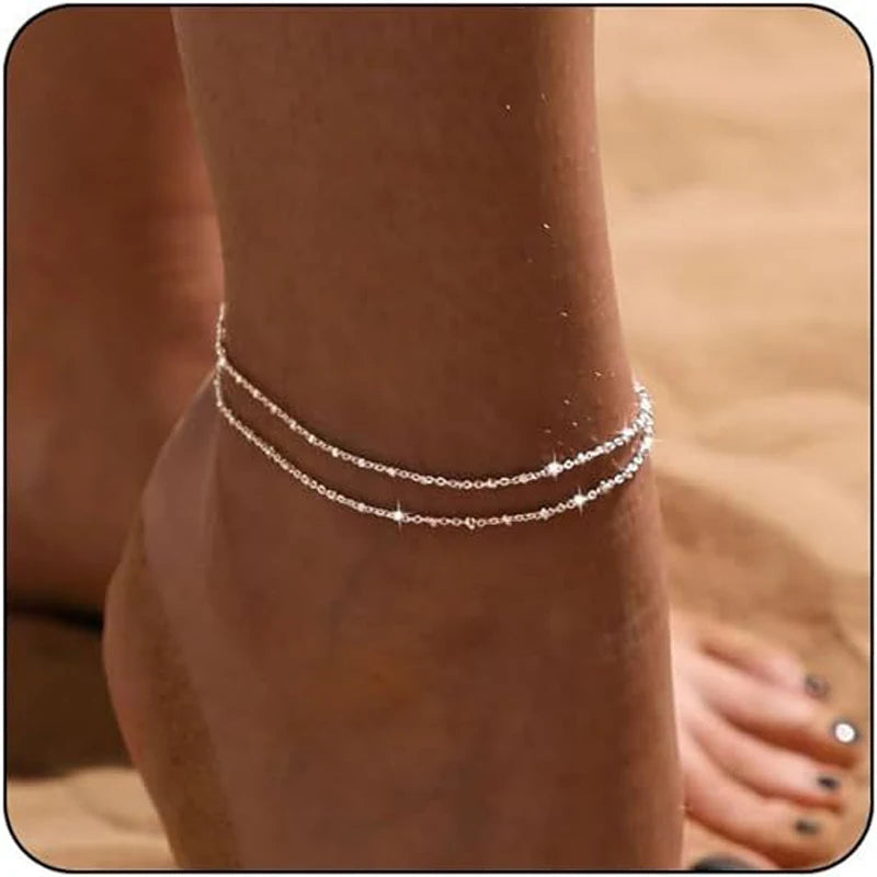 Bracelets de cheville étanches pour femmes, plaqués or 14 carats et argent, à plusieurs rangs de perles, bijoux d'été pour femmes et filles