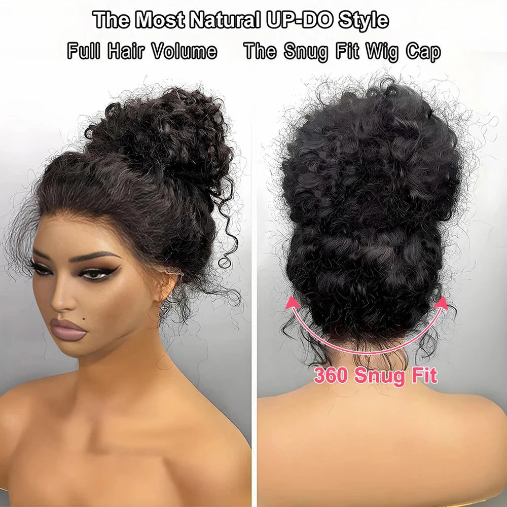 Perruque bouclée en dentelle frontale 360 Full HD, densité 220, cheveux humains noirs, cordon de serrage, 76 à 102 cm (30 à 40 pouces), ondulations profondes, sans colle