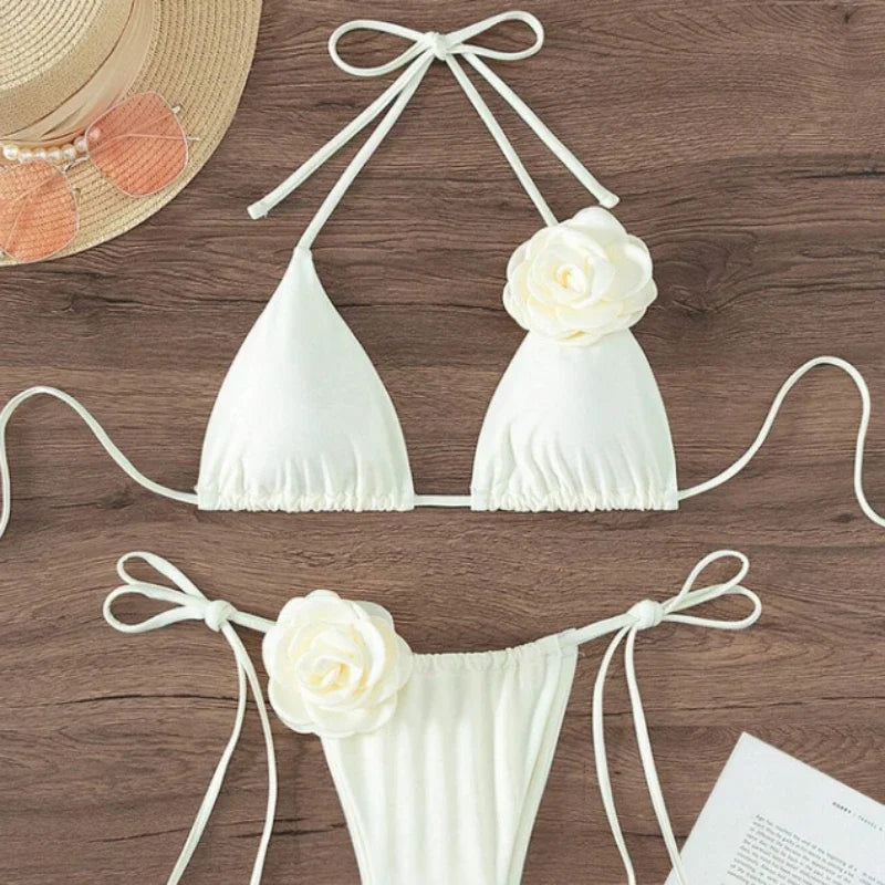 Maillot de bain deux pièces bikini sexy à fleurs 3D, bretelles et dos nu, tailles S à L.