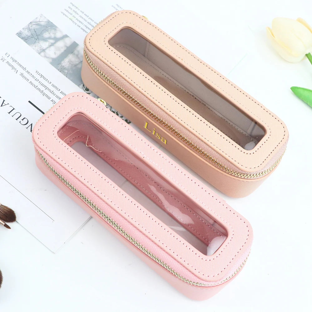Boîte à pinceaux de maquillage transparente en cuir PU personnalisée avec nom