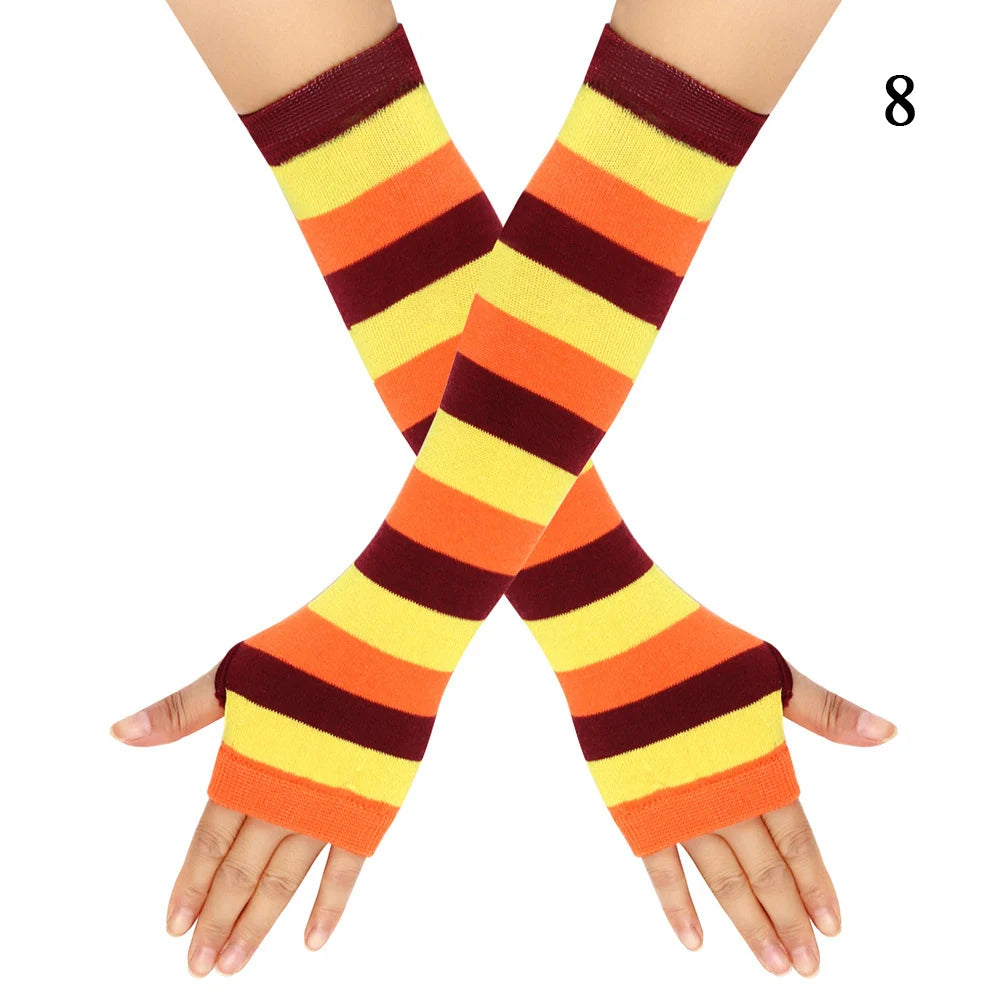 Gants chauds rayés en maille pour femmes et filles, mitaines sans doigts couvrant les coudes, couvrant les bras et les coudes.