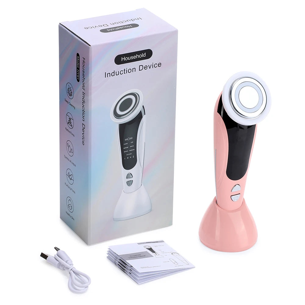Appareil de massage facial 7 en 1 EMS avec vibration, compresse chaude, rajeunissement de la peau, raffermissement du visage, nettoyage en profondeur et soin de beauté