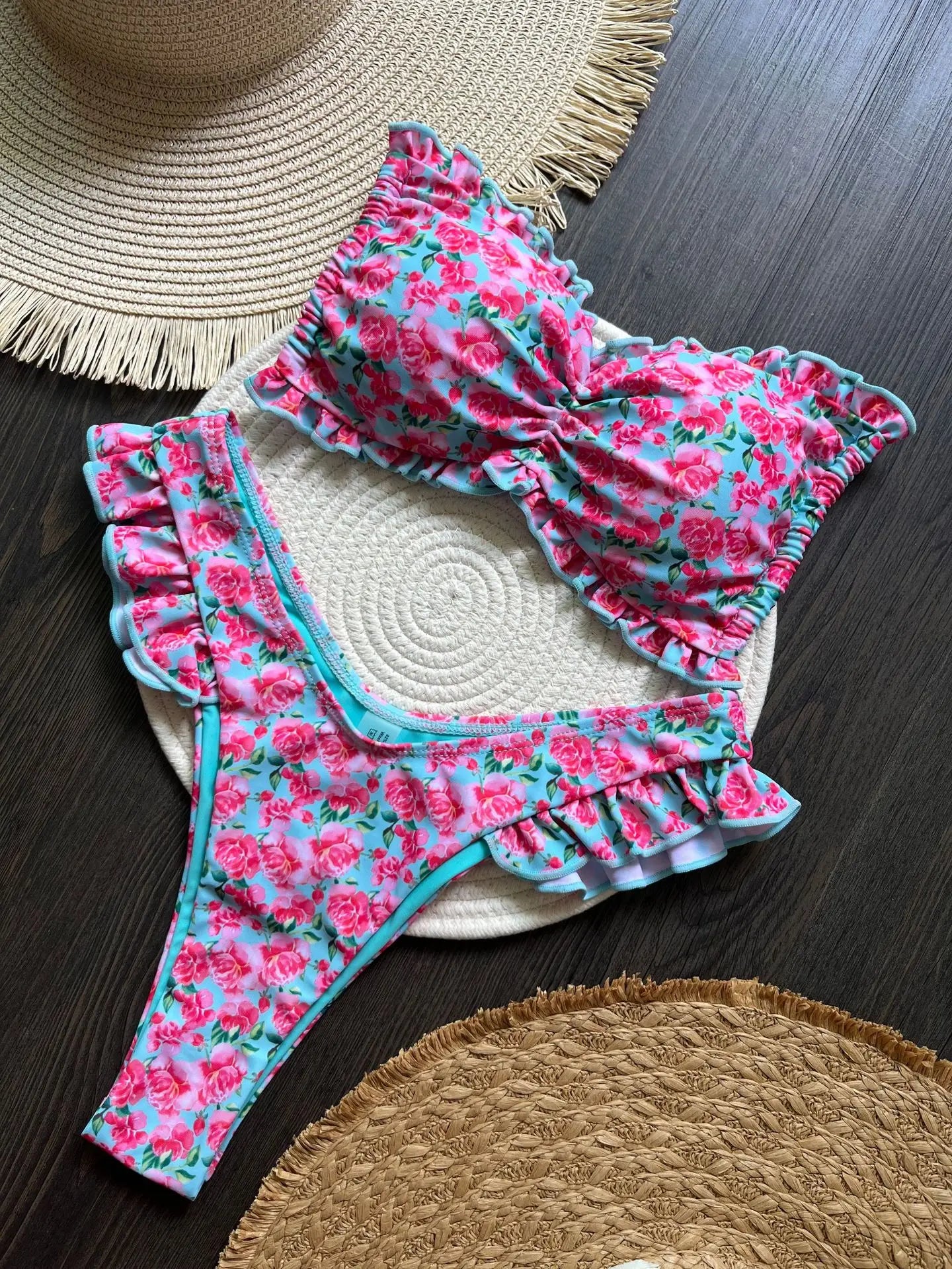 Bikini sexy à imprimé floral et volants pour femme, maillot de bain deux pièces, ensemble bikini, maillot de bain
