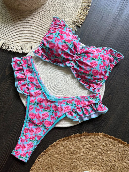 Bikini sexy à imprimé floral et volants pour femme, maillot de bain deux pièces, ensemble bikini, maillot de bain