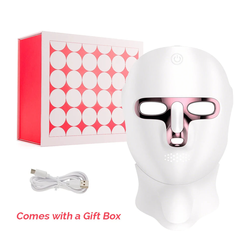 Masque facial LED 7 couleurs pour le visage et le cou : soin photo-régénérant, éclaircissant et raffermissant. Rechargeable. Soin beauté du visage et du cou.