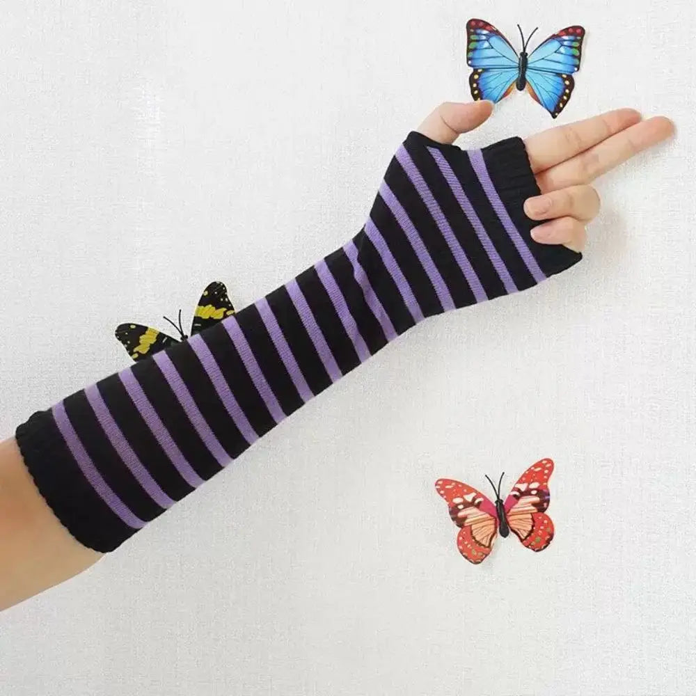 Gants chauds rayés en maille pour femmes et filles, mitaines sans doigts couvrant les coudes, couvrant les bras et les coudes.