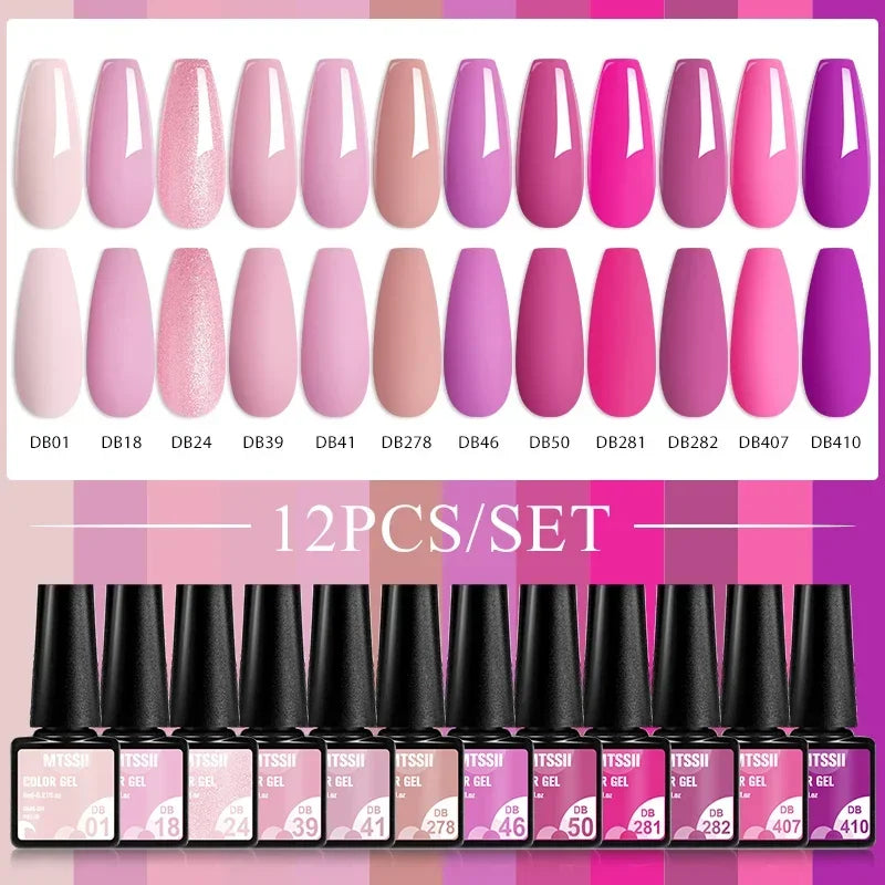 Kit de manucure semi-permanent MTSSII (12 pièces) : vernis gel semi-permanent à tremper, rose nude, rouge pailleté, UV, à paillettes. Fournitures pour ongles à faire soi-même.