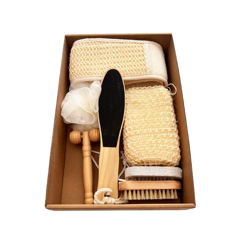 Coffret de bain : Serviette exfoliante, brosse de bain, râpe à pieds, coffret cadeau