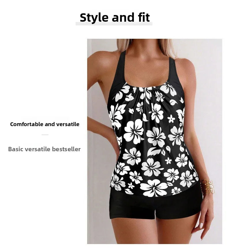 Maillot de bain deux pièces pour femme: culotte taille haute à imprimé floral, en polyester, idéal pour la natation et les sports nautiques. Design sobre.