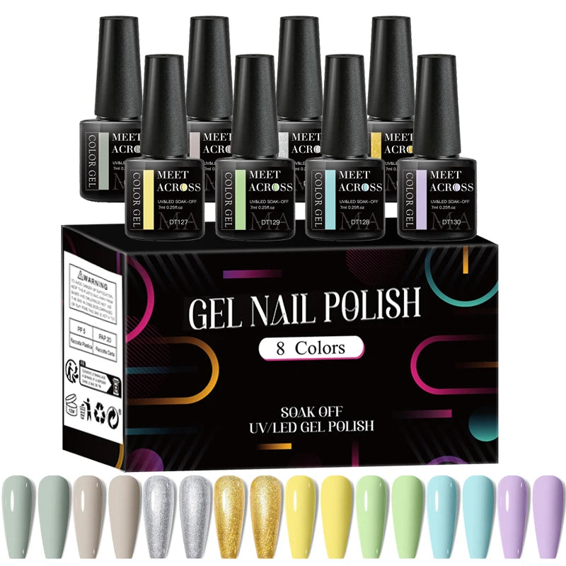 MEET ACROSS - Ensemble de 8 vernis à ongles gel fluorescents pour l'été et le printemps, avec paillettes laser colorées et manucure gel.