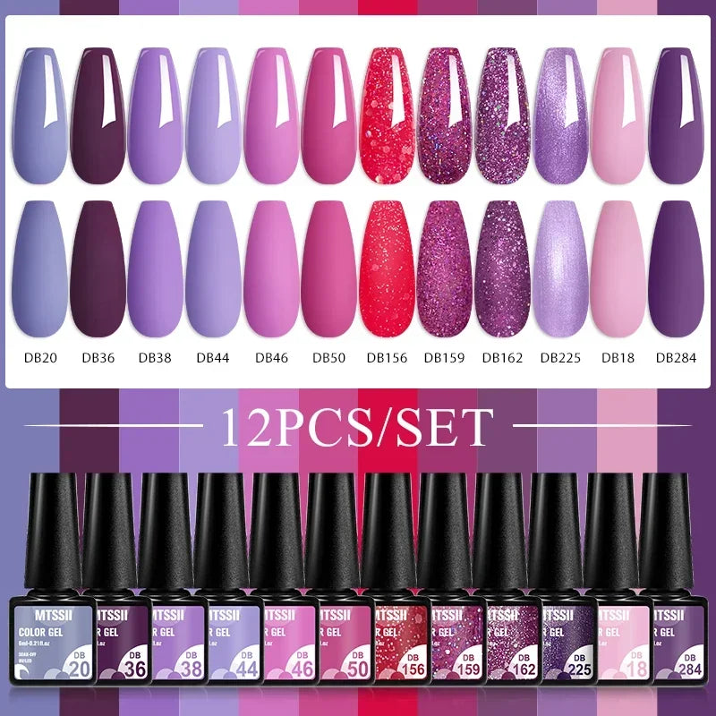 Kit de manucure semi-permanent MTSSII (12 pièces) : vernis gel semi-permanent à tremper, rose nude, rouge pailleté, UV, à paillettes. Fournitures pour ongles à faire soi-même.