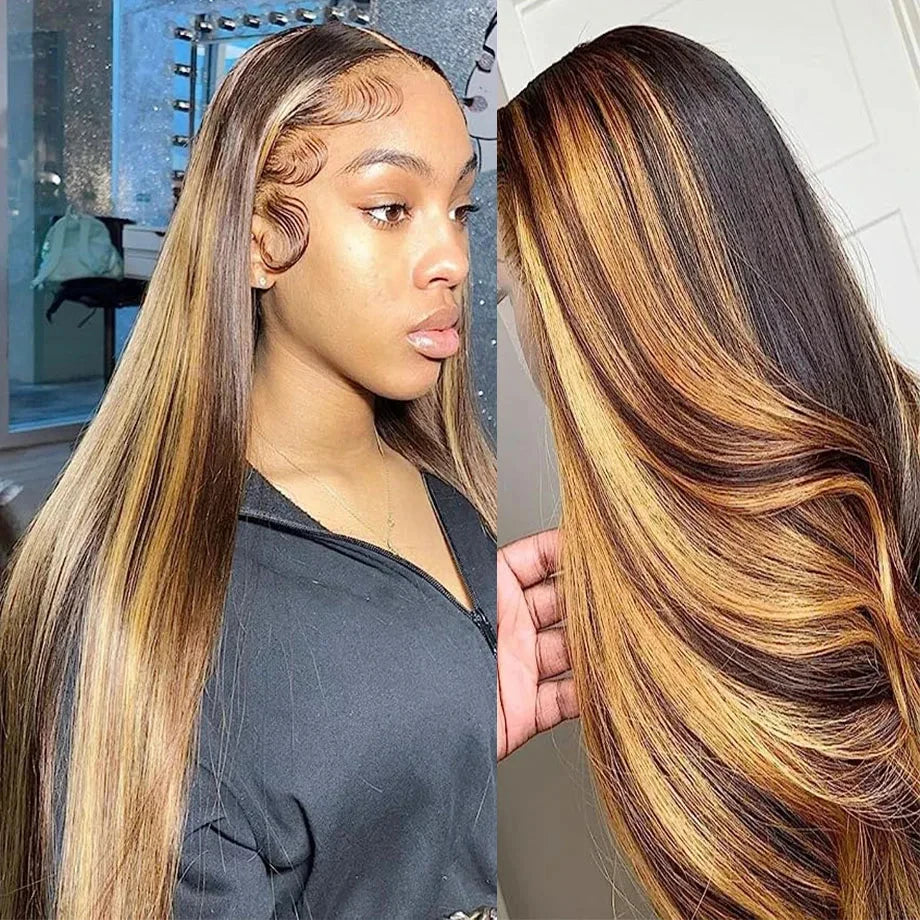 Perruque en cheveux humains lisses avec mèches ombrées, perruque frontale en dentelle HD 13x6, 100 % cheveux humains, densité 200, perruque brésilienne pré-épilée 13x4