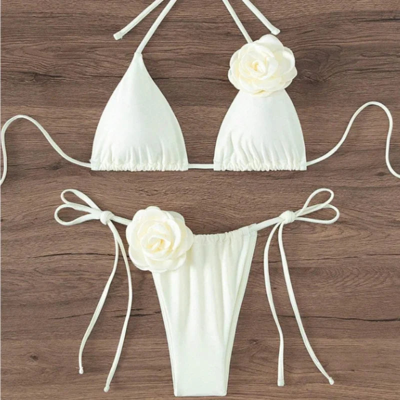 Maillot de bain deux pièces bikini sexy à fleurs 3D, bretelles et dos nu, tailles S à L.