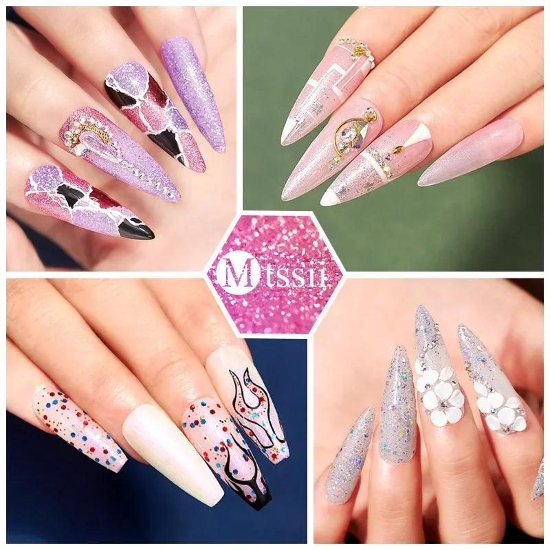 Kit de manucure semi-permanent MTSSII (12 pièces) : vernis gel semi-permanent à tremper, rose nude, rouge pailleté, UV, à paillettes. Fournitures pour ongles à faire soi-même.