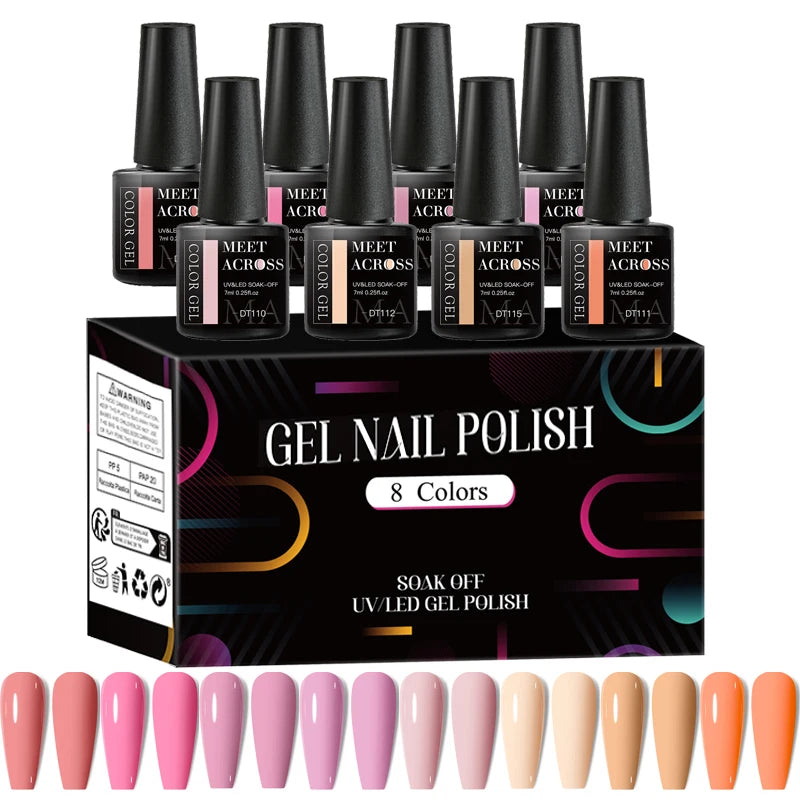 MEET ACROSS - Ensemble de 8 vernis à ongles gel fluorescents pour l'été et le printemps, avec paillettes laser colorées et manucure gel.