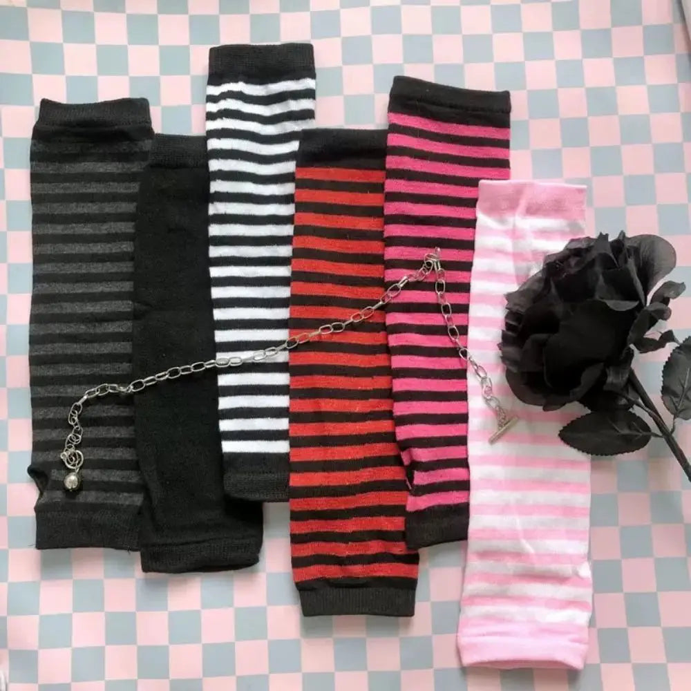 Gants chauds rayés en maille pour femmes et filles, mitaines sans doigts couvrant les coudes, couvrant les bras et les coudes.