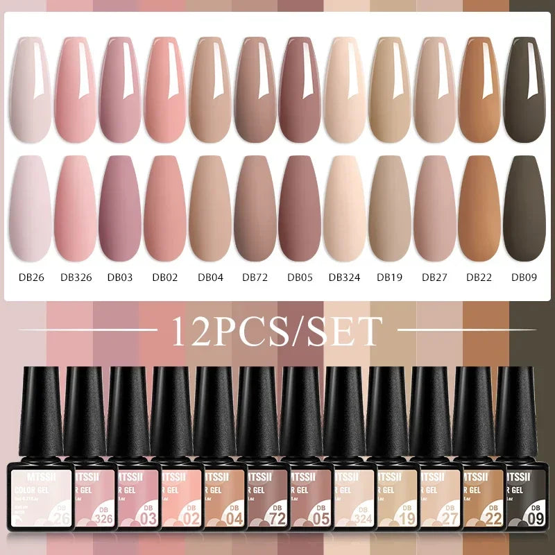 Kit de manucure semi-permanent MTSSII (12 pièces) : vernis gel semi-permanent à tremper, rose nude, rouge pailleté, UV, à paillettes. Fournitures pour ongles à faire soi-même.