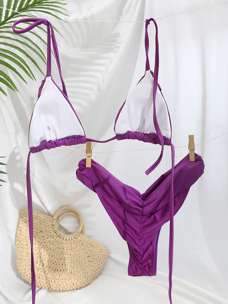 Ensemble bikini sexy à plis, micro bikini uni, maillot de bain femme triangle, tenue de plage