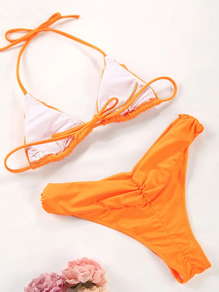 Ensemble bikini sexy à plis, micro bikini uni, maillot de bain femme triangle, tenue de plage