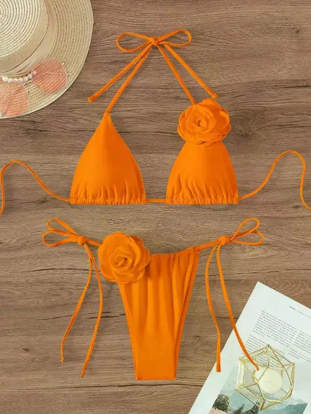 Maillot de bain deux pièces bikini sexy à fleurs 3D, bretelles et dos nu, tailles S à L.