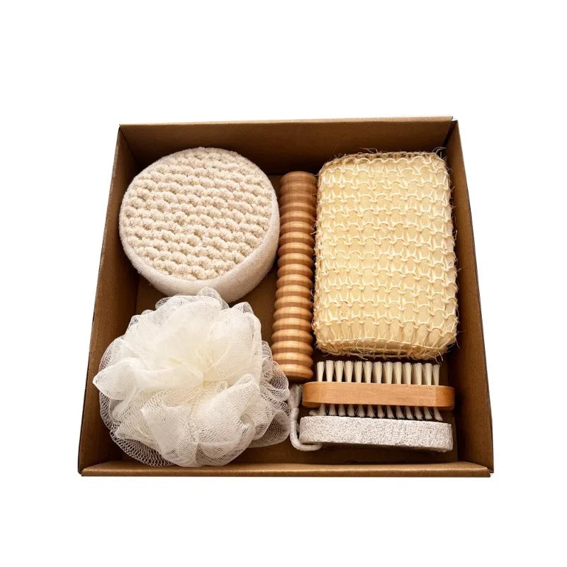Coffret de bain : Serviette exfoliante, brosse de bain, râpe à pieds, coffret cadeau