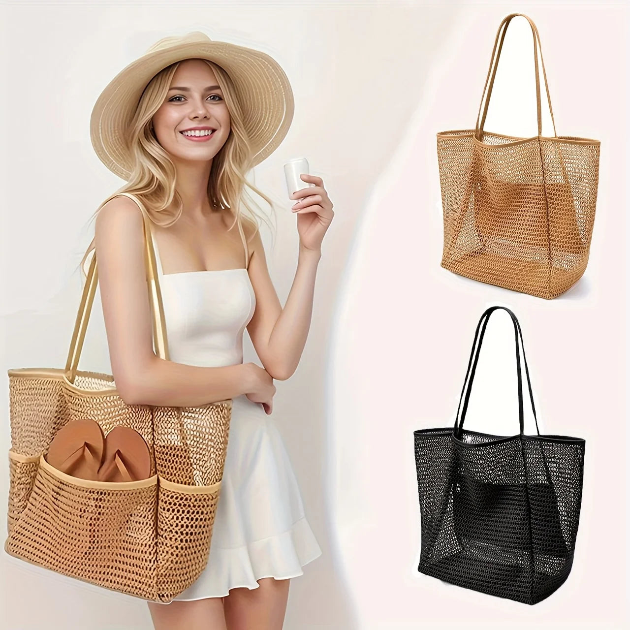 Sac cabas de plage grande capacité pour femme - Sac bandoulière en polyester tissé résistant avec ouverture sur le dessus, idéal pour les voyages et le shopping.