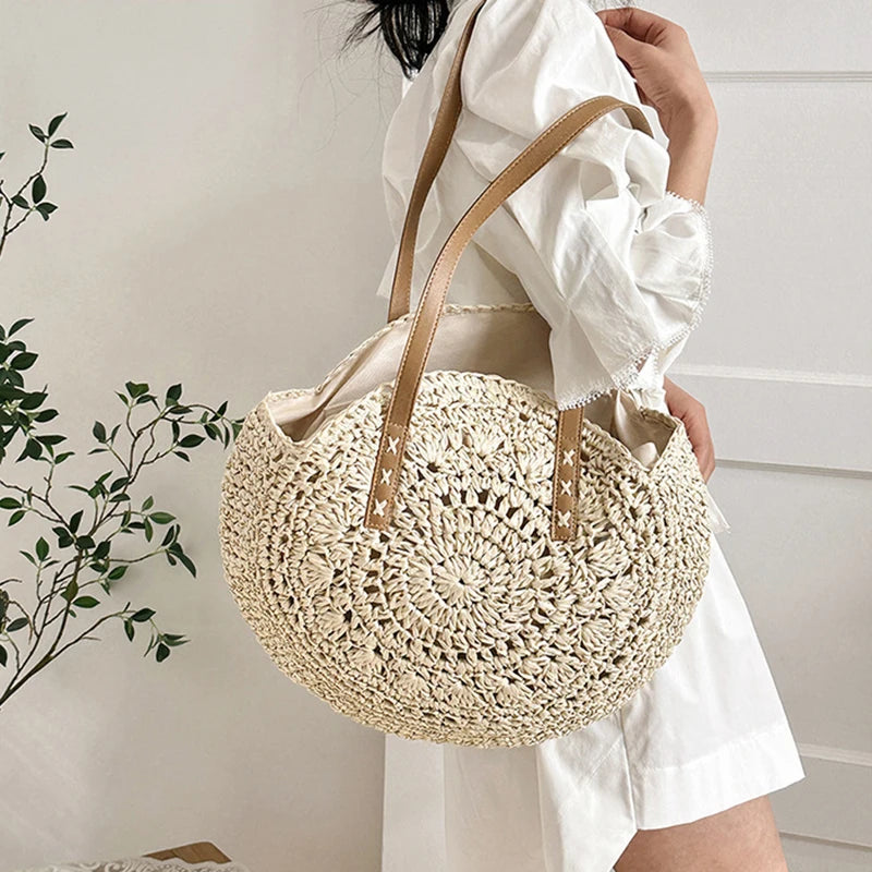 Sac cabas rond d'été en paille tressée pour femme, grande capacité, ajouré, style simple.