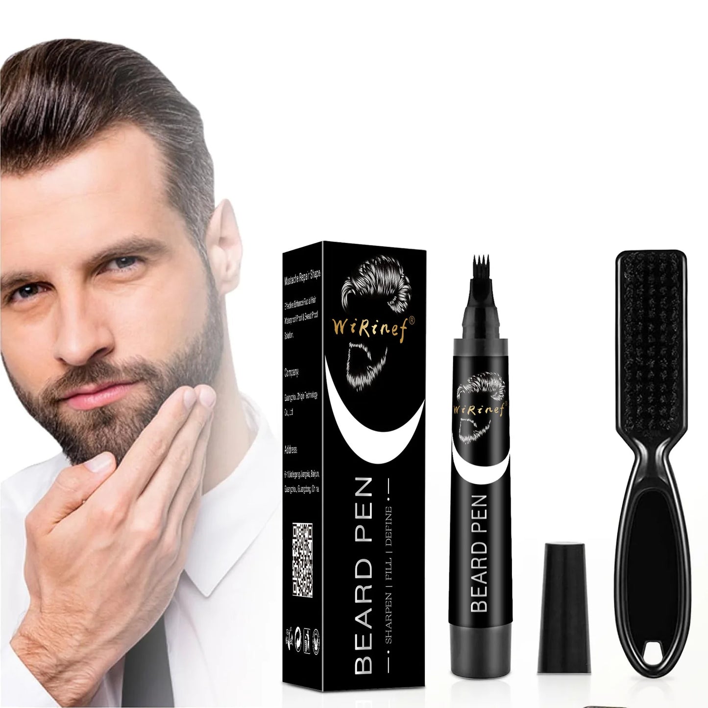 Kit de coiffure à barbe multi-usages comprenant un crayon noir, un pinceau et un outil pour couvrir les zones de poils du visage.
