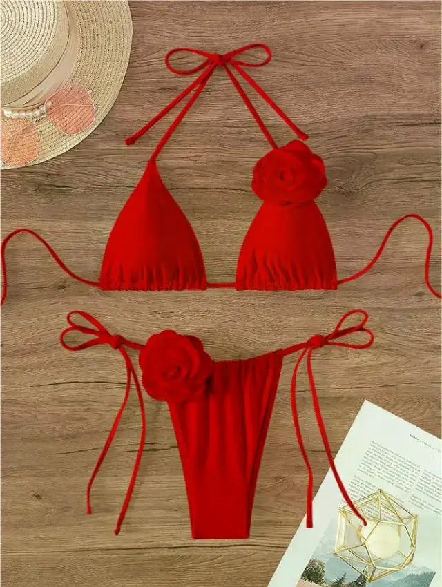Maillot de bain deux pièces bikini sexy à fleurs 3D, bretelles et dos nu, tailles S à L.