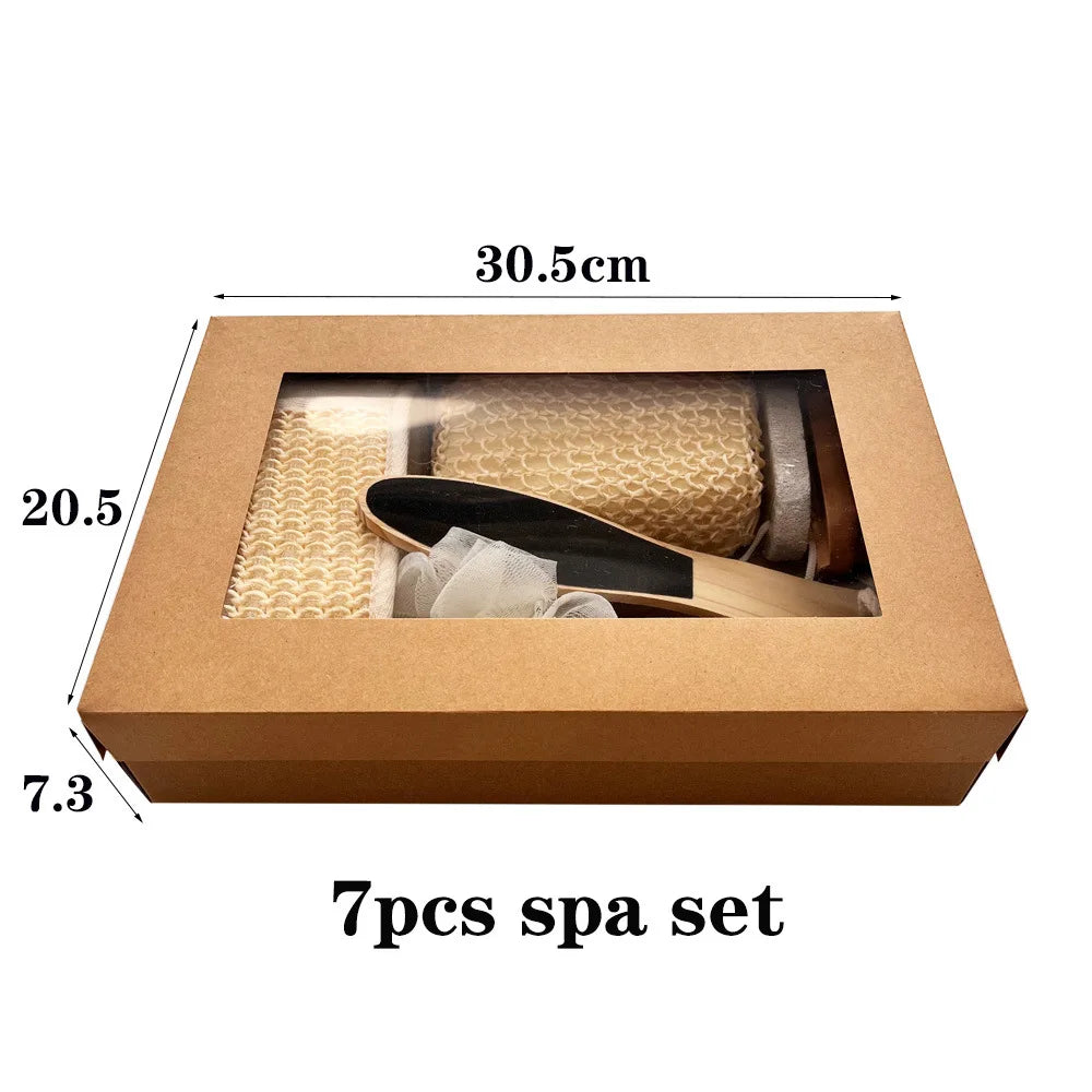 Coffret de bain : Serviette exfoliante, brosse de bain, râpe à pieds, coffret cadeau